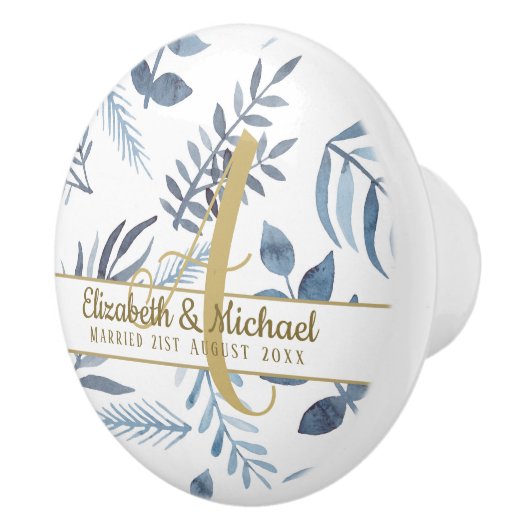 Bouton De Porte En Céramique Monogramme or Azure Blue Botanical Feuille Mariage (Droite)