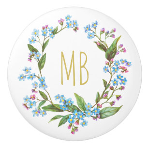 Bouton De Porte En Céramique Monogramme Oublier-Me-Pas Fleurs Bleues De Courbe