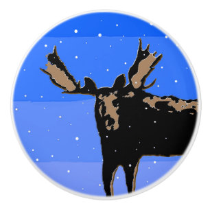 Bouton De Porte En Céramique Moose en hiver - Art original de la faune