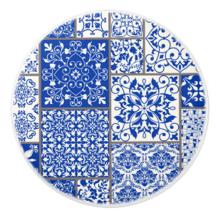 Bouton De Porte En Céramique Mosaïque de majolique azulejo bleu et blanc médite