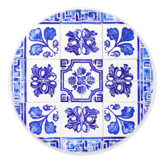 Bouton De Porte En Céramique Mosaïque grecque : Cobalt et blanc
