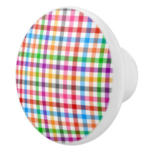 Bouton De Porte En Céramique Motif à carreaux gingham arc-en-ciel coloré - Blan