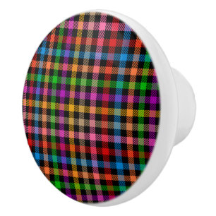 Bouton De Porte En Céramique Motif à carreaux gingham arc-en-ciel coloré - Noir