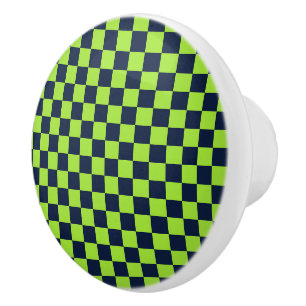 Bouton De Porte En Céramique Motif à carreaux lime et marine