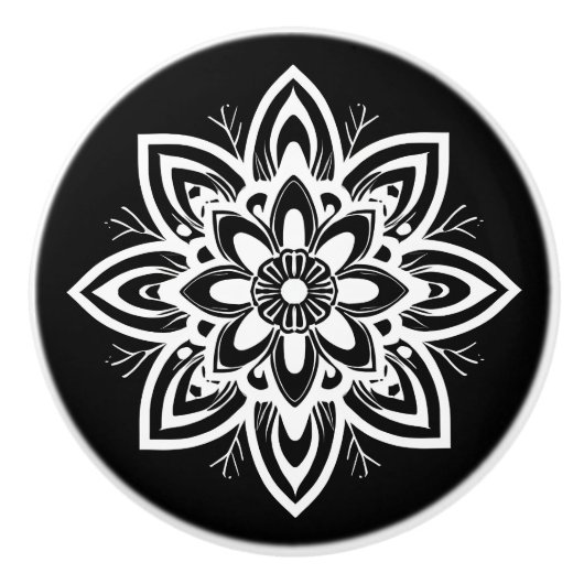 Bouton De Porte En Céramique Motif à fleurs Mandala en noir et blanc (Devant)