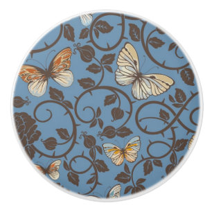 Bouton De Porte En Céramique motif avec les roses et le papillon