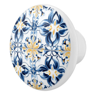 Bouton De Porte En Céramique Motif bleu et or