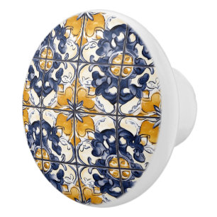 Bouton De Porte En Céramique Motif bleu et or