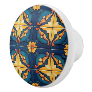 Bouton De Porte En Céramique Motif bleu jaune et orange