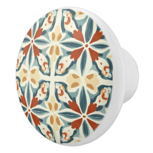 Bouton De Porte En Céramique Motif bleu jaune et rouille
