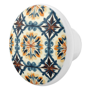 Bouton De Porte En Céramique Motif bleu or orange et marron