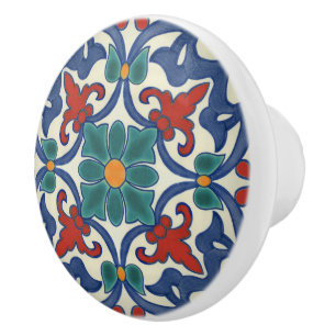 Bouton De Porte En Céramique Motif bleu Turquoise rouge orange portugais Azulej