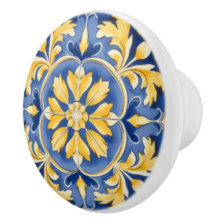 Bouton De Porte En Céramique Motif botanique méditerranéen - Bleu et Jaune