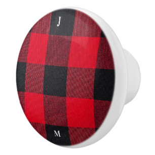 Bouton De Porte En Céramique Motif Carré rouge et noir personnalisé