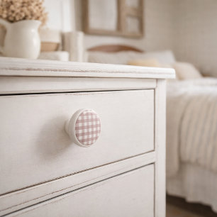 Bouton De Porte En Céramique Motif carreaux gingham rose et blanc