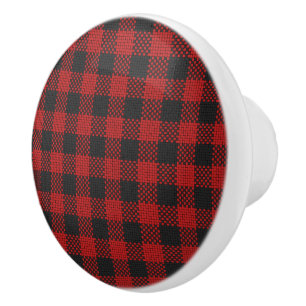 Bouton De Porte En Céramique Motif Checkered rouge classique de plaid de
