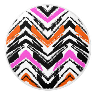 Bouton De Porte En Céramique Motif Chevron De Main Noire, Orange Et Rose