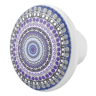 Bouton De Porte En Céramique Motif circulaire géométrique mandala bleu et viole