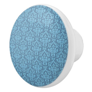 Bouton De Porte En Céramique Motif damassé bleu