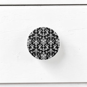 Bouton De Porte En Céramique Motif damassé noir et blanc victorien