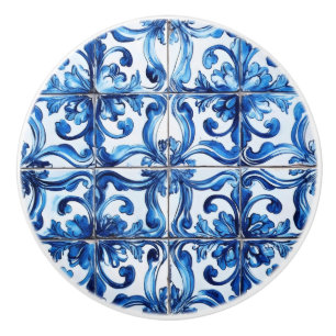 Bouton De Porte En Céramique Motif de carrelage bleu complexe