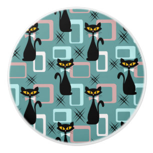 Bouton De Porte En Céramique Motif de chat noir du milieu du siècle