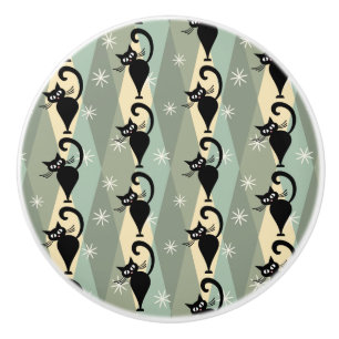 Bouton De Porte En Céramique Motif de chat noir du milieu du siècle