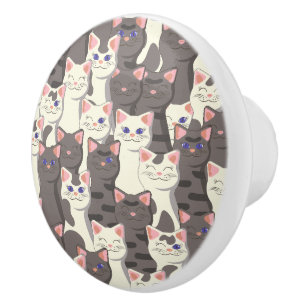 Bouton De Porte En Céramique Motif de chats blancs et gris
