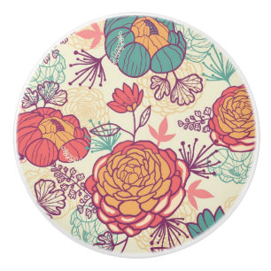 Bouton De Porte En Céramique Motif de fleurs et de feuille de pivoine