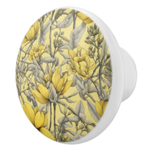 Bouton De Porte En Céramique Motif de fleurs jaunes botaniques