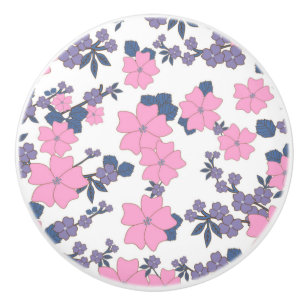 Bouton De Porte En Céramique Motif DE FLEURS ROSE ET PURPLE