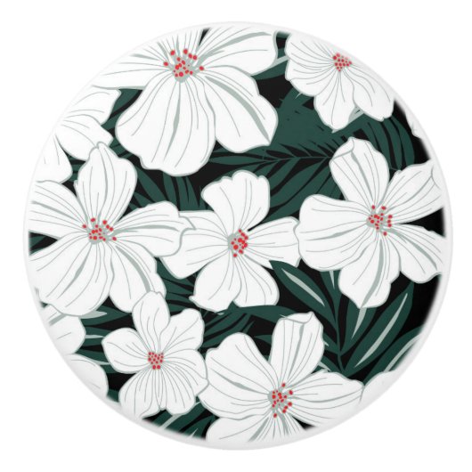 Bouton De Porte En Céramique Motif de fleurs tropical blanc (Devant)
