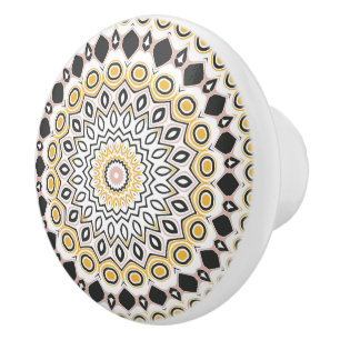Bouton De Porte En Céramique Motif de mandala doré et charbon