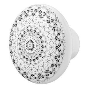 Bouton De Porte En Céramique Motif de mandala géométrique noir et blanc