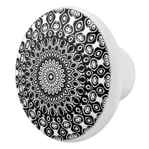 Bouton De Porte En Céramique Motif de mandala noir et blanc