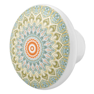 Bouton De Porte En Céramique Motif de mandala orange et sarcelle avec accents d