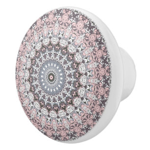 Bouton De Porte En Céramique Motif de mandala rose gris et blanc