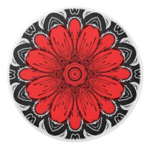 Bouton De Porte En Céramique Motif de marguerite géométrique en rouge noir et b