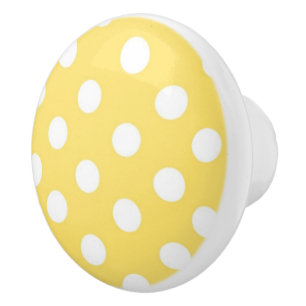 Bouton De Porte En Céramique Motif de point jaune et blanc de polka
