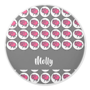 Bouton De Porte En Céramique Motif de porc gris et rose