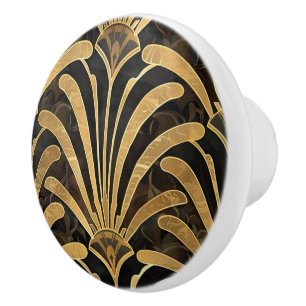 Bouton De Porte En Céramique Motif de ventilateur noir or Art Déco vintage