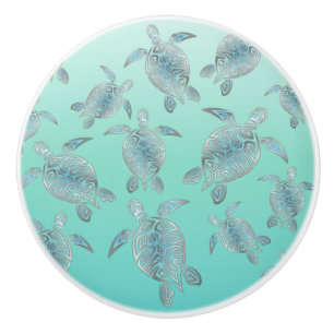 Bouton De Porte En Céramique Motif des tortues de mer turquoise argentée