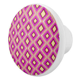 Bouton De Porte En Céramique Motif diamant rose fuchsia jaune 