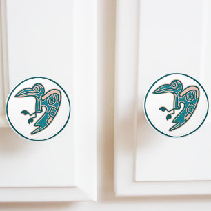 Bouton De Porte En Céramique Motif d'oiseau vert sarcelle aztèque
