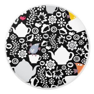 Bouton De Porte En Céramique Motif d'oiseaux et de tasses