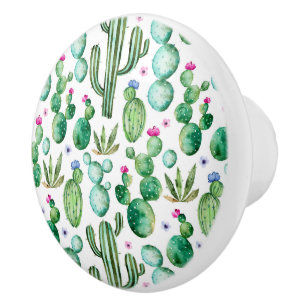 Bouton De Porte En Céramique Motif d'usines de cactus d'aquarelle