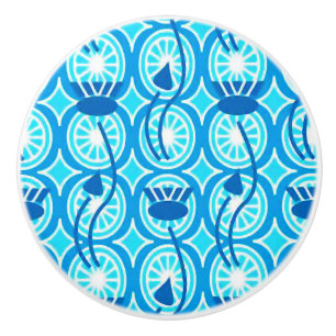 Bouton De Porte En Céramique Motif égyptien Lotus, cobalt et turquoise