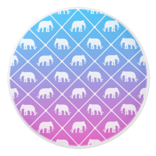 Bouton De Porte En Céramique motif éléphant sur pente bleue à rose