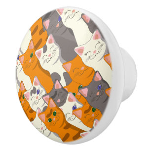Bouton De Porte En Céramique Motif en diagonale du chat noir blanc gingembre