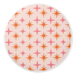 Bouton De Porte En Céramique Motif étoilé rétro du milieu du siècle rose orange